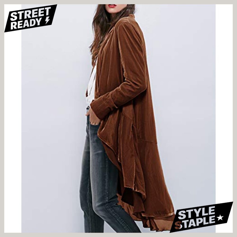 Long Velvet Blazer Coat with Ruffled Asymmetric Hem, Loose Fit - Picture 2 of 6